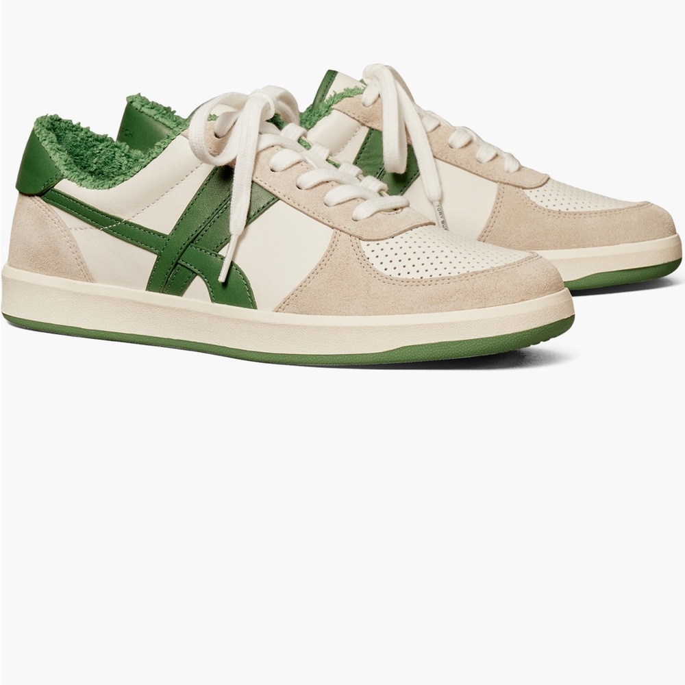 Tory Burch LIKE NEW Hank Court Suede and Leather Green and Cream Sneakers 6.5